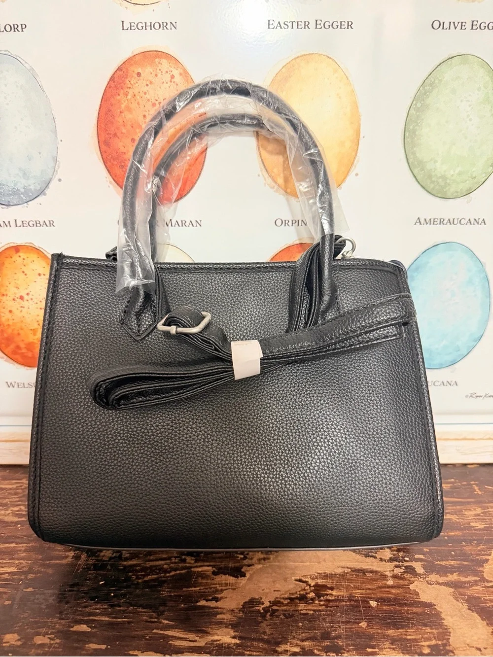 French Connection Black Pebbled Leather Satchel with Front Zip